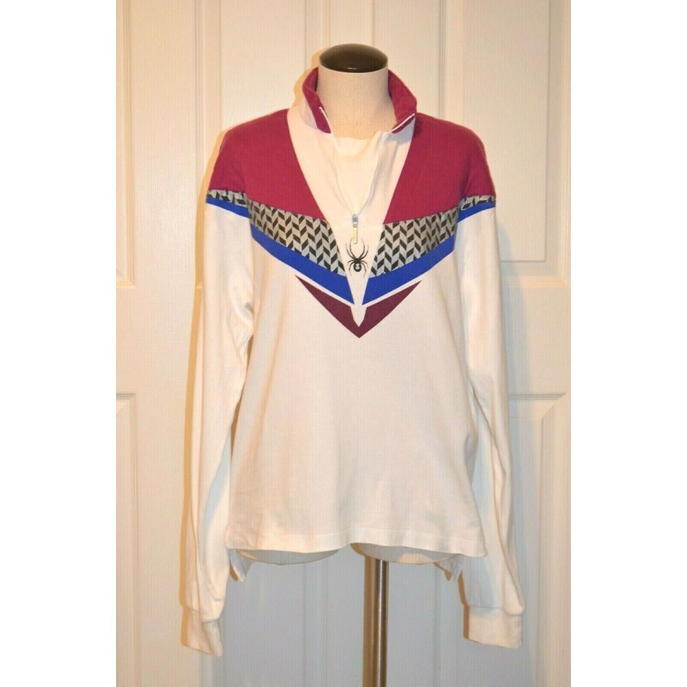 Vintage Spyder Women's Size L‎ White 1/4 Zip Cotton Pullover Graphics